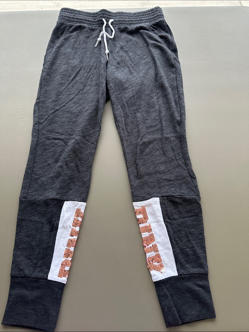PINK Victoria's Secret Black Joggers with White & Rose Sequin Panels